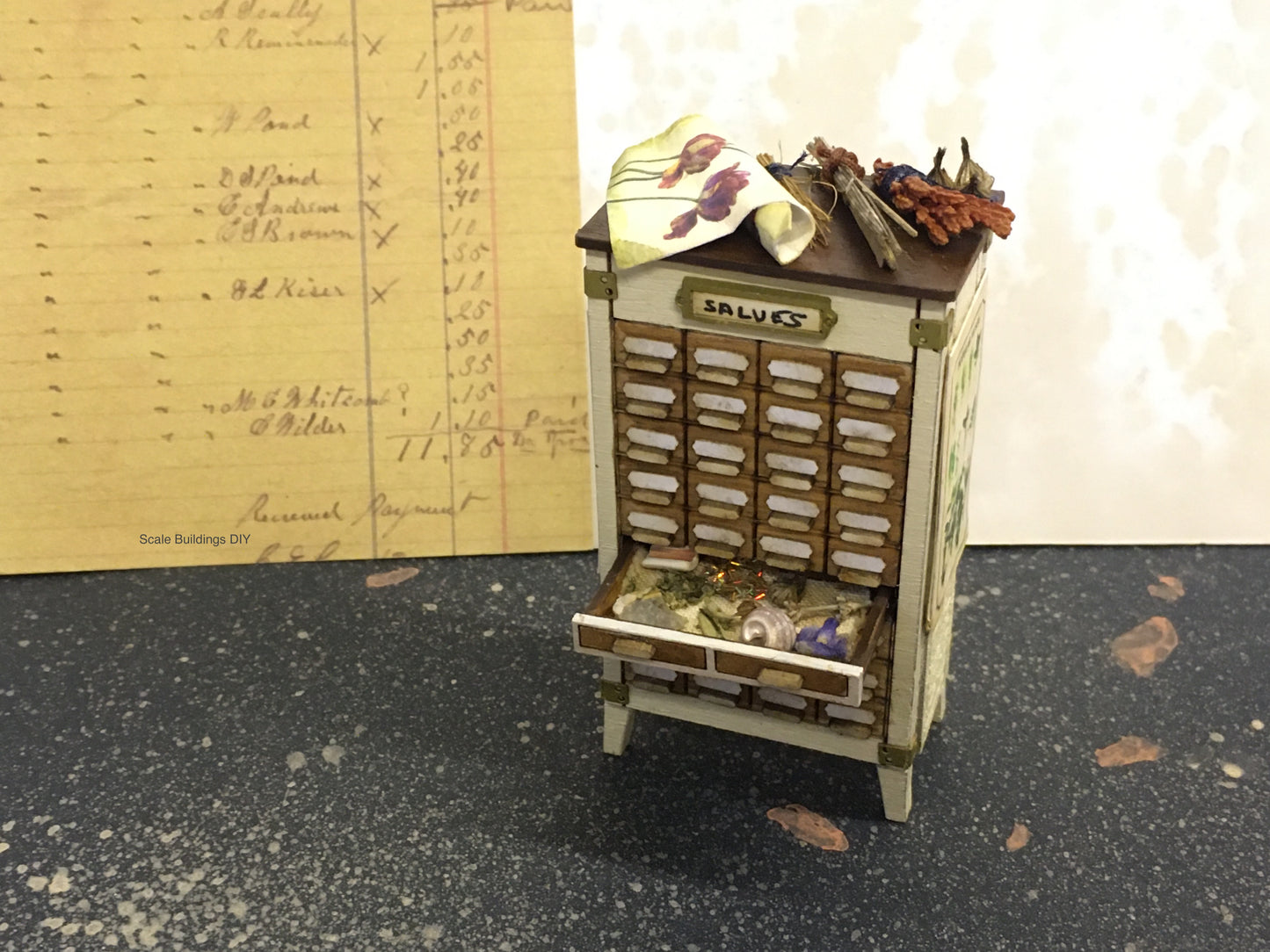 1:24 Herbalist Apothecary cabinet decorated miniature dollhouse model