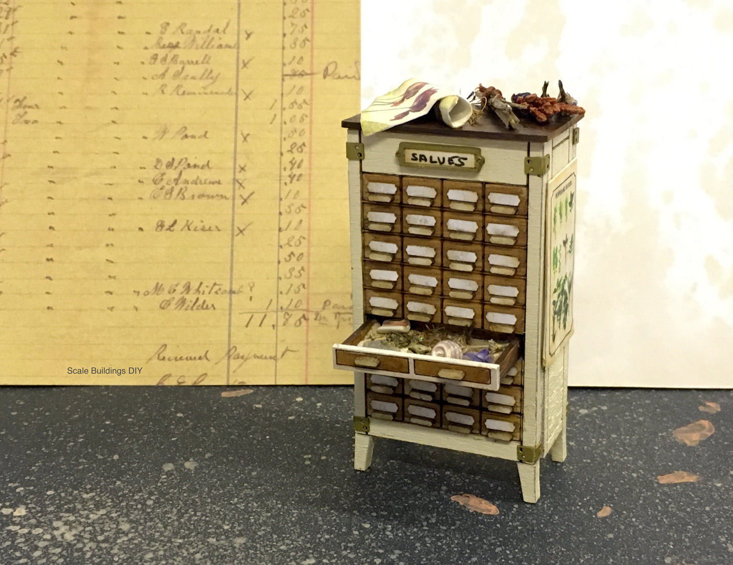 1:24 Herbalist Apothecary cabinet decorated miniature dollhouse model