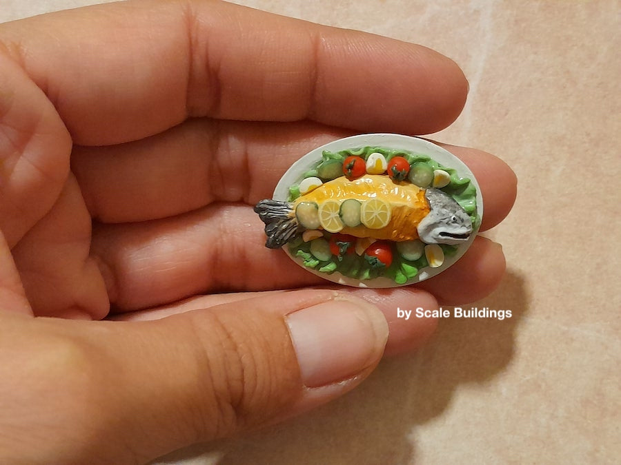 Handmade Decorated Salmon Plate Dollshouse Accessory 1:12th