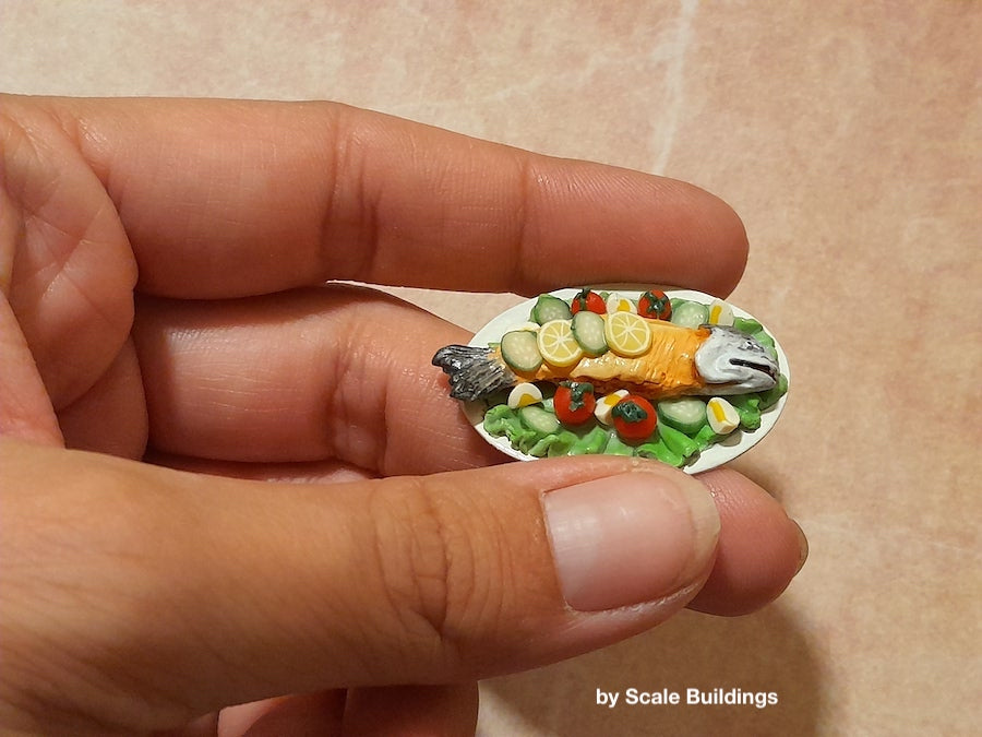 Handmade Decorated Salmon Plate Dollshouse Accessory 1:12th