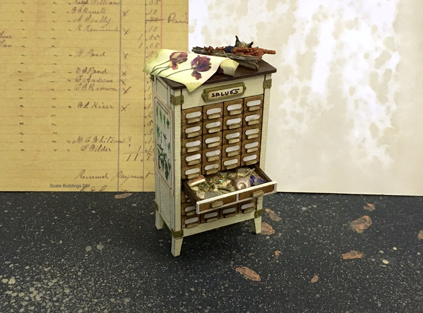 1:24 Herbalist Apothecary cabinet decorated miniature dollhouse model